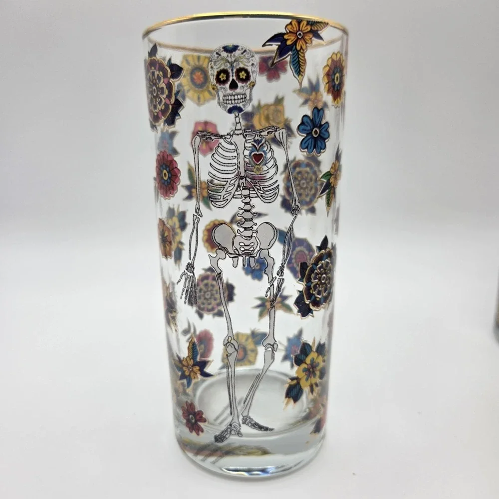 Set Of 4 Williams Sonoma Day Of The Dead Highball Glasses Halloween 16oz   NEW